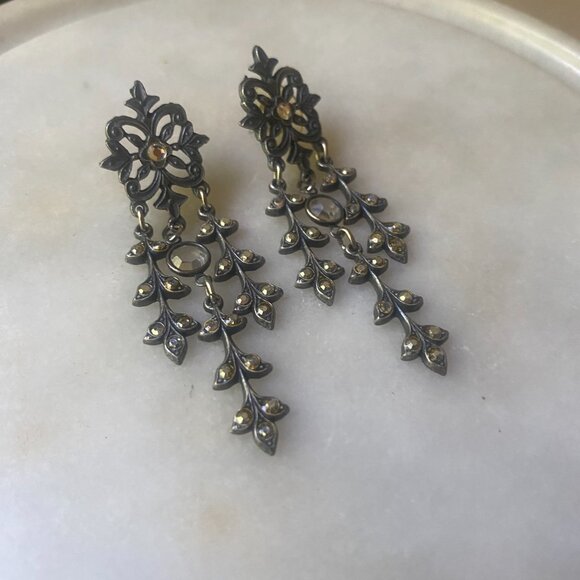 925 Sterling silver VTG Chandelier Marcasite pierced crystal dangle earrings - Picture 2 of 7